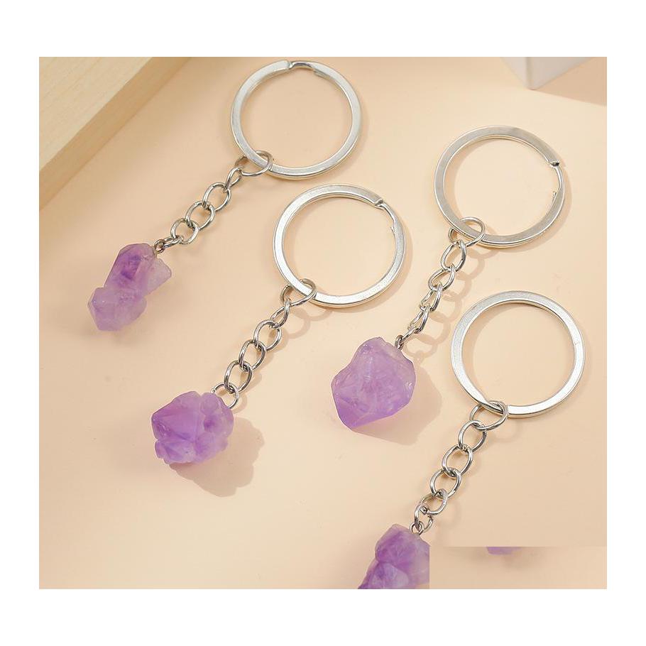 

Key Rings Natural Stone Amethysts Crystal Quartz Chain Ring Crystals Keychain Bead Pendant Car Keyrings Bag Accessories Jewelry Drop Dhine