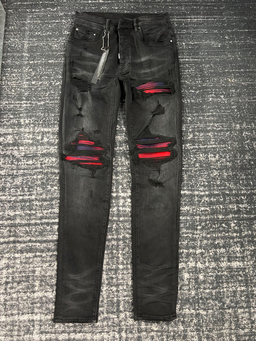 

Men's Jeans Washed Black Hole Do Old Patchwork Red Plaid Slim Fit Feet High Street 230217