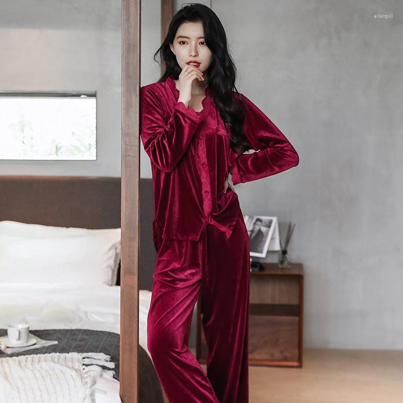 

Women's Sleepwear Velour Cardigan Pajamas Sets 2PCS Lace Patchwork Nightwear Full Pants Warm Pyjamas Suit Elastic Waist Elegant Solid Home, Burgundy