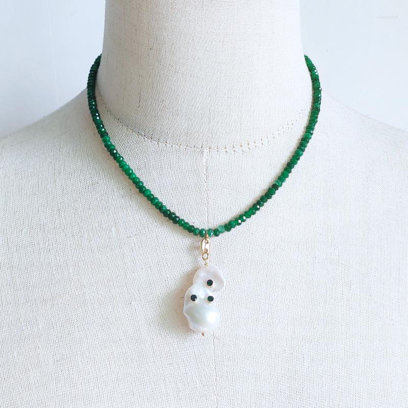 

Choker Women Fashion Exquisite Dark Green Chalcedony Jades Beads Necklace High Quality Baroque Pearl Pendant Banquet Party Accessories