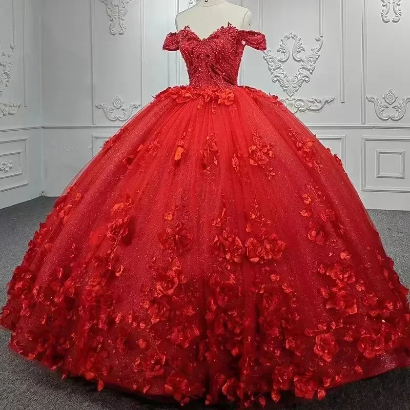 

Stunning Red Ball Gown Quinceanera Dresses Elegant Off Shoulder Flowers Appliques Beads Ruched Bridal Gowns Sweet Junior Prom Evening Wears Corset Back CPH401, Coral
