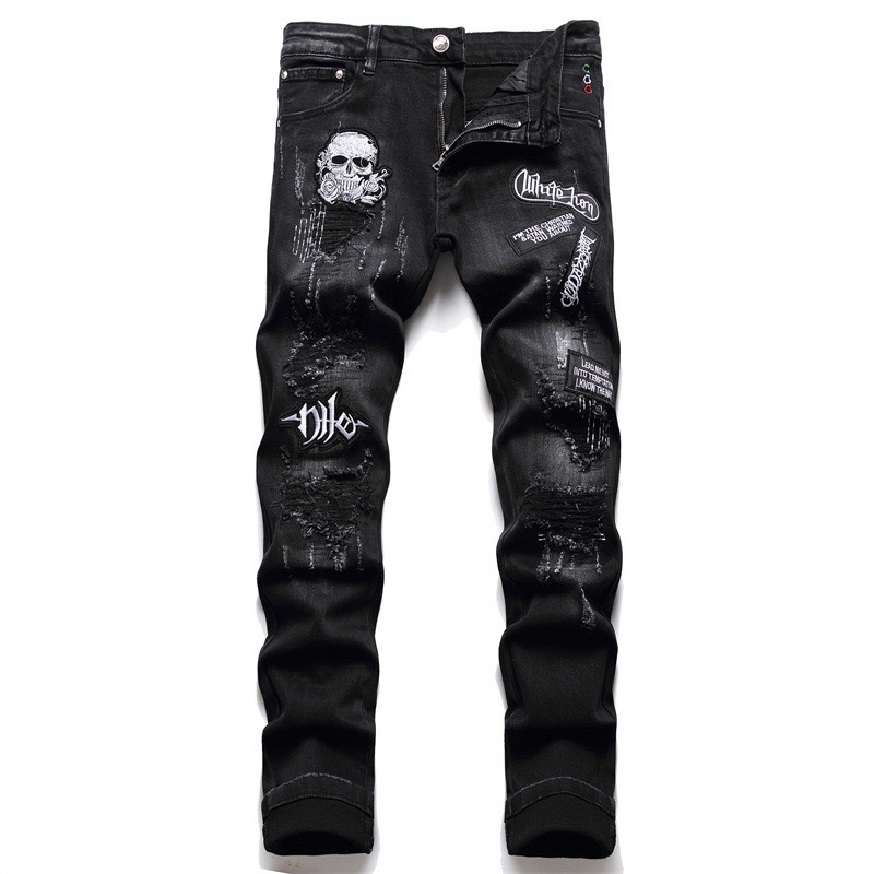 

Men's Jeans Skull Embroidery Black Holes Scraped Micro Chapter Stitching Worn Soft Casual Cotton Trend High Elastic 2 230217, Gray
