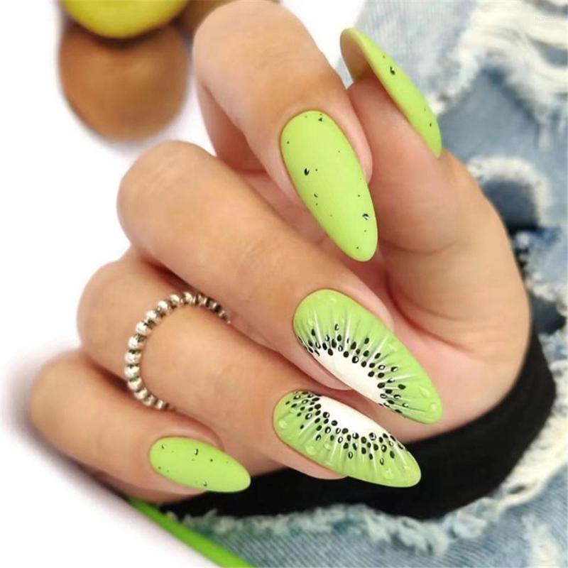 

False Nails Novelty Kiwi Fruit Design Almond Set Press On French Tips Manicure Green Fake Nail With Designs, 01