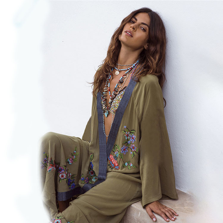 

Casual Dresses Vestidos Boho Hippie Chic Vintage Floral Embroidery Cardigan Beach Trip Kimono Pareo Long Sleeve Cape Cover Maxi Dress 230216, Army green