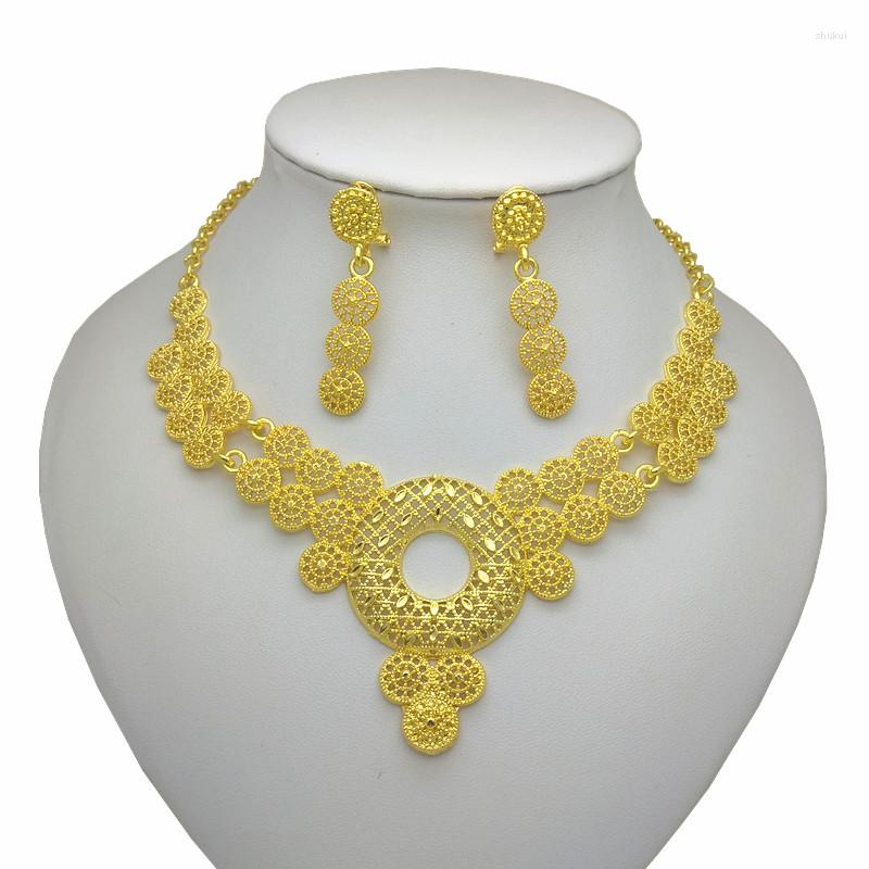 

Necklace Earrings Set Kingdom Ma Dubai Gold Color For Women Big African Bridal Wedding Accessories, Picture shown
