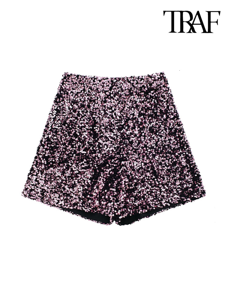 

Women's Shorts TRAF Women Fashion Front Pleats Shiny Sequin Vintage High Waist Zipper Fly Female Short Pants Mujer 230217, Multi