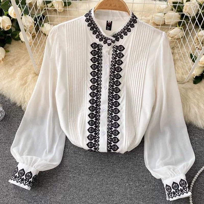 

Women' Blouses Vintage Single-breasted Chiffon Blouse Autumn Spring Elegant Embroidered Tops Stand Collar Lantern Sleeve Women Shirt S9264a, Black