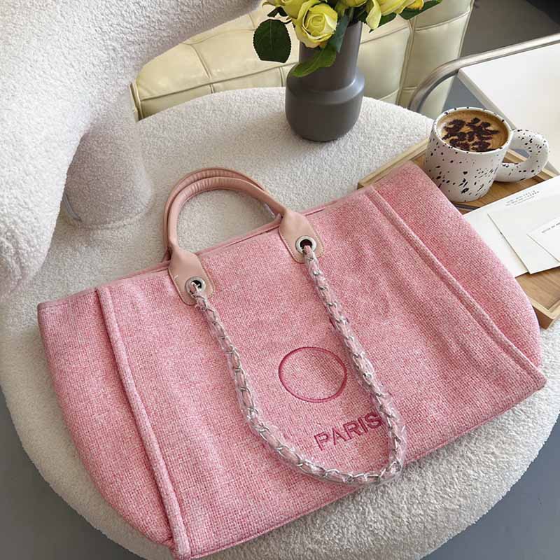 

Women Fashion Beach Bags Two-tone Tweed Leather Handle Shopping Bag Handbag Designer Shoulder Letter Badge Embroidery Silver-Tone Chain Tote Bag High Capacity 37c, Red