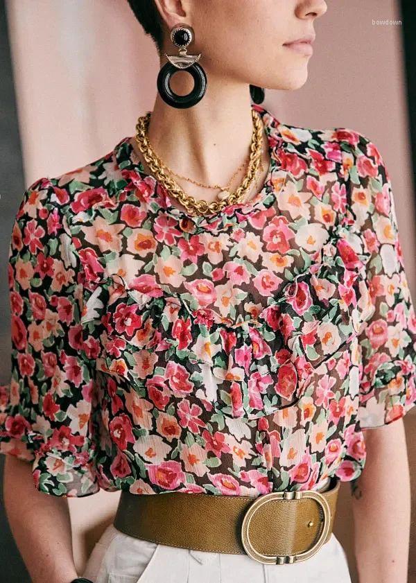 

Women' Blouses Women Shirt 2023 Spring And Summer Sweet Floral Frills Stand-up Collar Short-sleeved