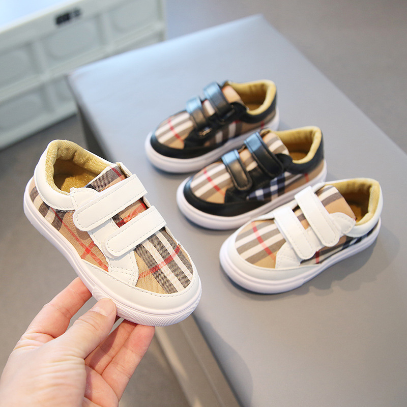 

Fashion Plaid Canvas Shoes Lightweight Baby Casual Sneakers Boys Sneakers Girls Skate Shoes PU Patchwork Kids Sneakers, White