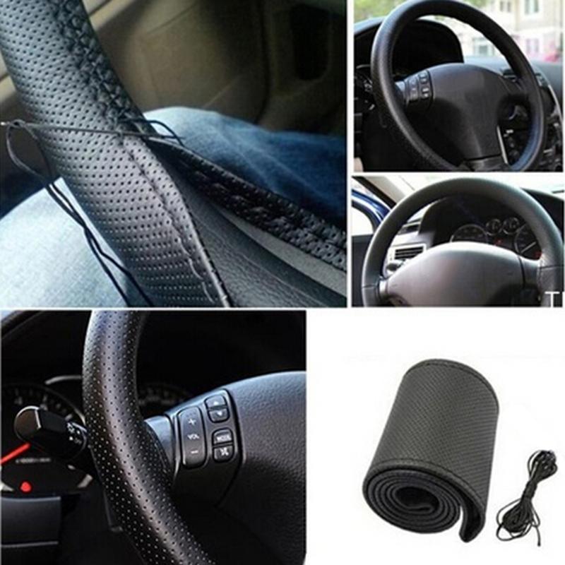 

Steering Wheel Covers Black 37-38cm DIY Car-Styling Auto PU Leather Car With Needles And Thread Interior AccessoriesSteering