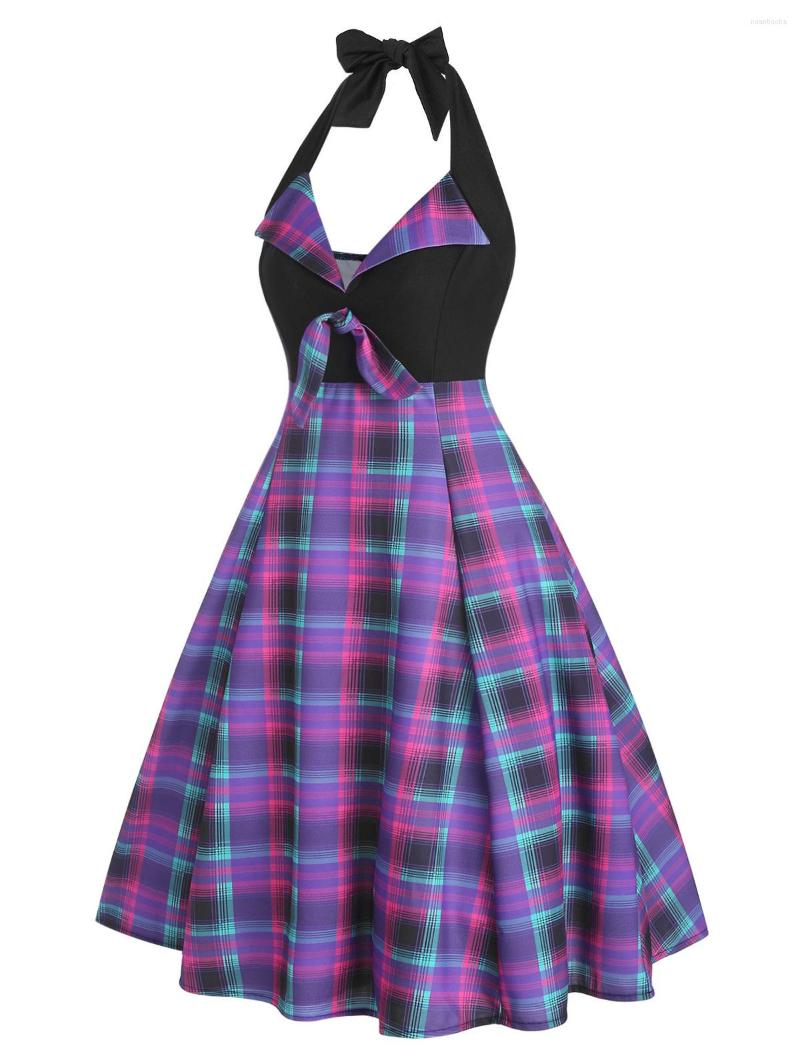 

Casual Dresses Neck Hung Halter Plaid Tied Vintage Dress Backless Knee Length Harajuku Party Vestido De Mujer, Purple
