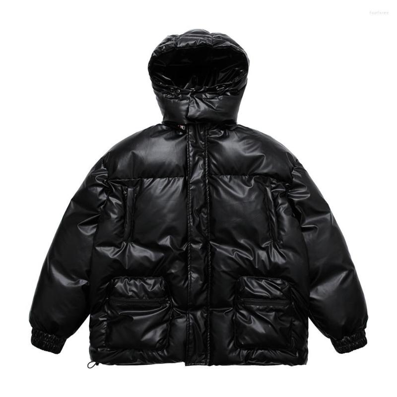 

Men's Jackets PU Men's Hooded Leather Cotton Jacket Winter Multi Pockets Bright Face Thicken Bread Coats Windproof Warm Down, Black