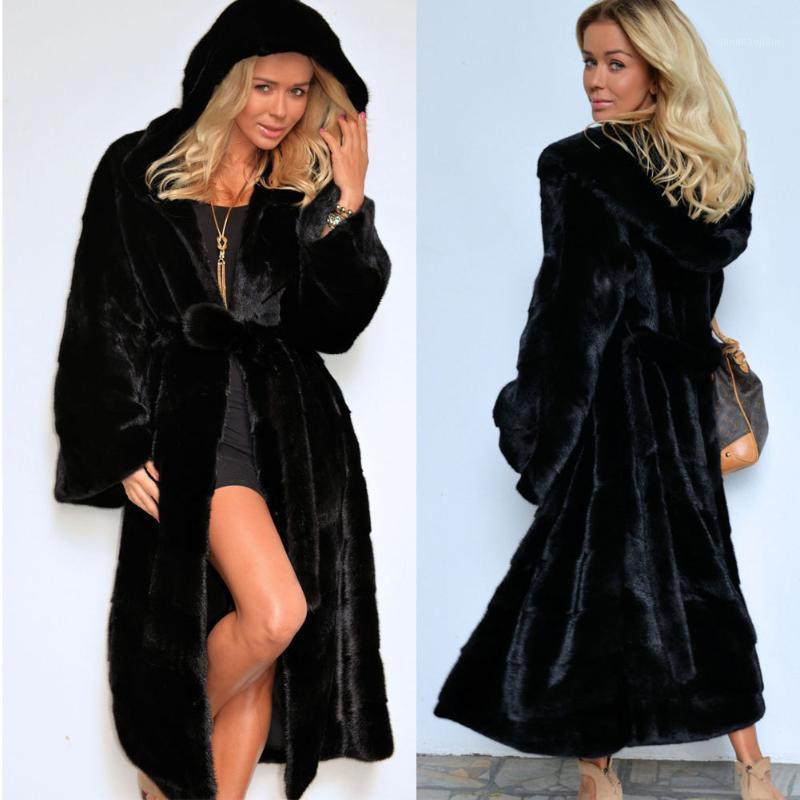

Women's Fur & Faux 2023 Women Fashion Coat Hooded Long Thick Warm Plush Sashes Outwear Coats Big Size 4XL, Black