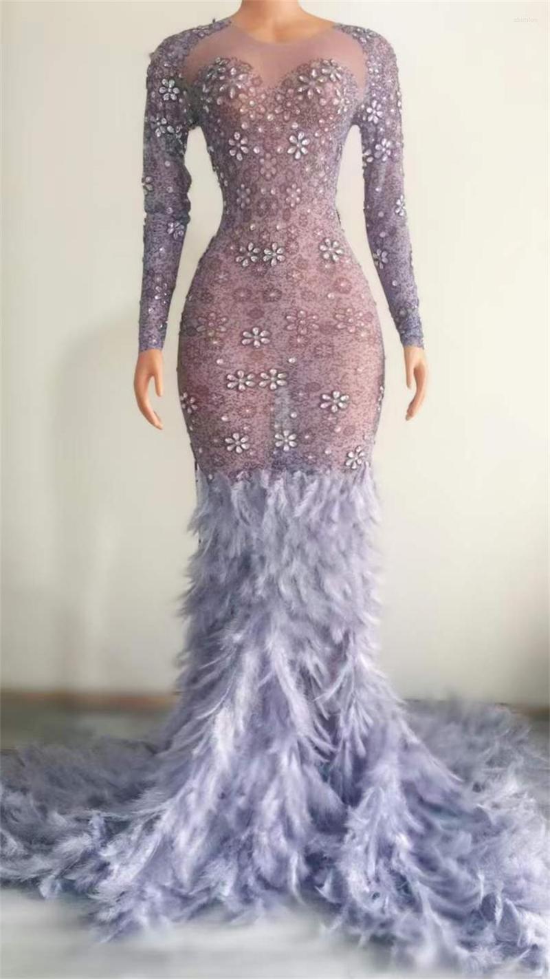 

Stage Wear Feather Rhinestone Birthday Long Sleeve Maxi Dress Women Trail Drag Queen Costume Stretch Dance Celebrate Party Dresses