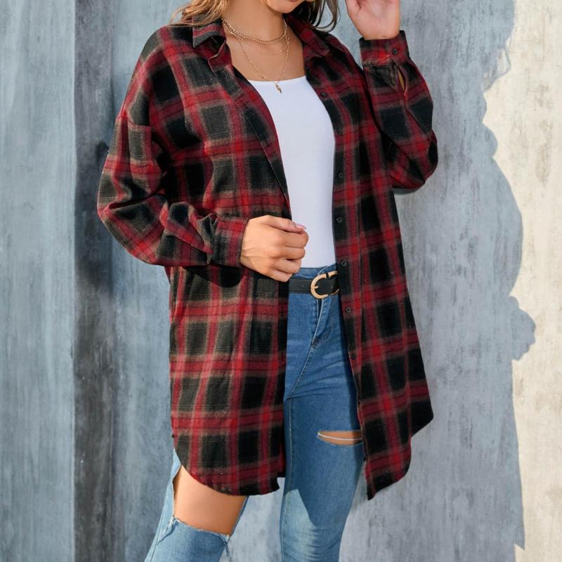 

Women's Blouses Retro Shirts Women Plaid Printed Long Sleeve Lapel Oversize Button Up Coat Female Spring Autumn Streetwear Loose Blusas, Yellow