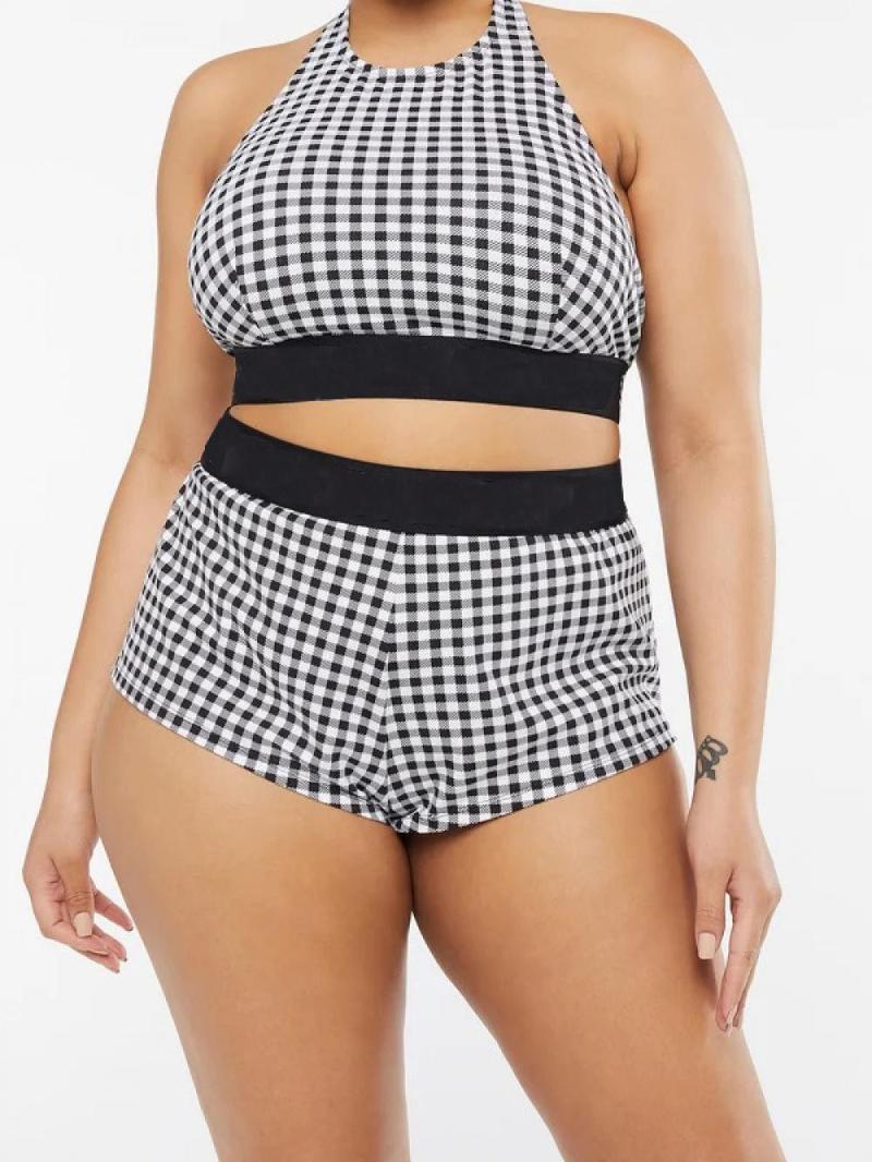 

Women's Swimwear 2023 Summer Fashion Trends Sexy Plaid Printed Shorts Two-Piece Bikini, White