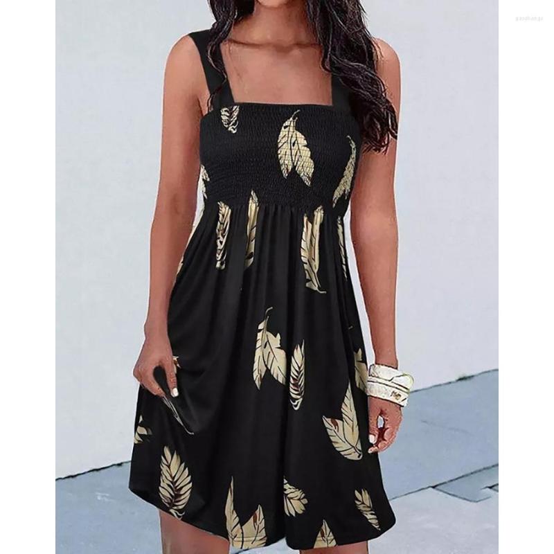 

Casual Dresses Women Summer Shirred Leaf Print Ruched Swing Dress Fashion Femme Square Neck A Line Mini Sleeveless Streetwear, Black