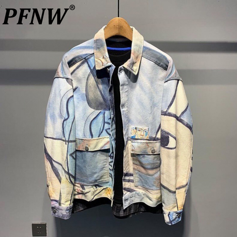 

Mens Jackets PFNW Spring Autumn Pocket Fashion Loose Shirt Coat Oneck Print Single Breasted Chic Spliced Stylish 12A7776 230216, Multi