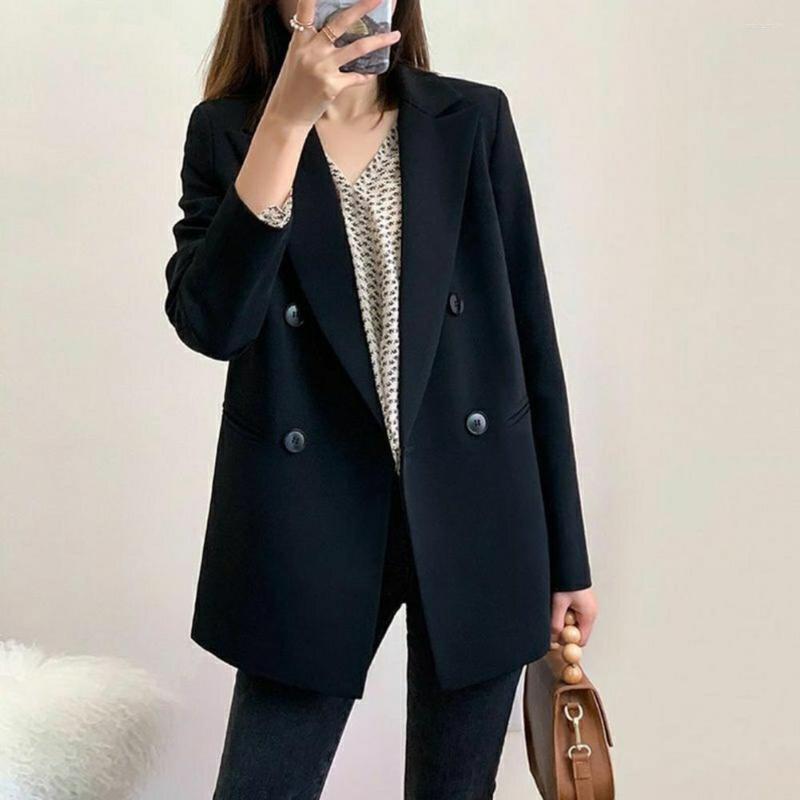 

Women' Suits Women Black Blazer Solid Color Lapel Double-breasted Cardigan Long Sleeve Warm Buttons Formal Office Ladies Autumn Suit Coat