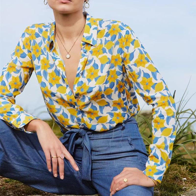 

Women's Blouses & Shirts Women Floral Silk Print Blouse 2023 Early Spring Long Sleeve Single-Breasted Ladies Shirt And Tops All-Match Cotton