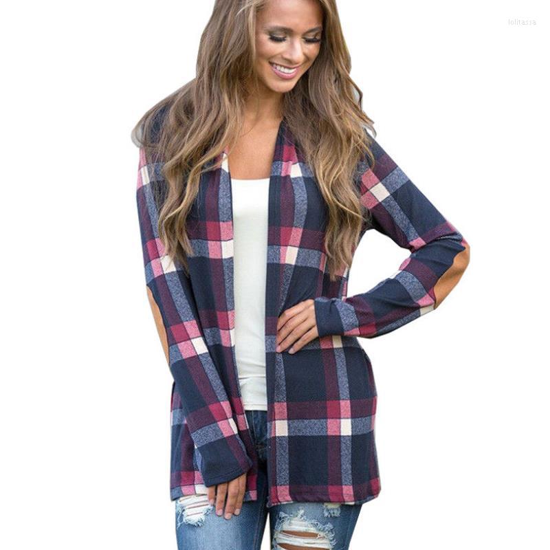 

Women' Jackets Basic Casual Plaid Cardigans Women Autumn Long Sleeve V-Neck Lattice Printed Ladies Stitching Jackes, Red 7102