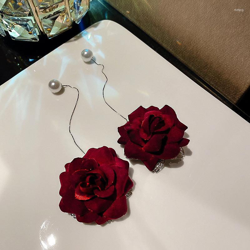

Dangle Earrings 925 Silver Needle Red Flower Pearl Ear Line French Retro Fashion Ins Simple Personality Commuter Female