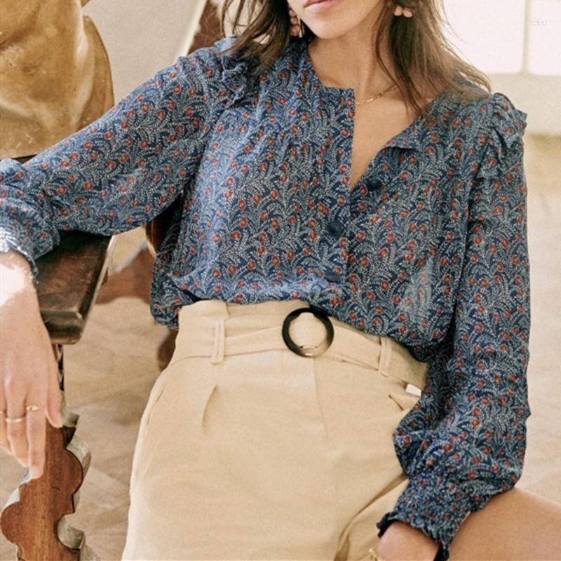 

Women's Blouses Ruffles Trim Women's Vintage Floral Blouse Early Autumn Long Sleeve Ladies Single-Breasted Silk Elegant Shirt And Tops