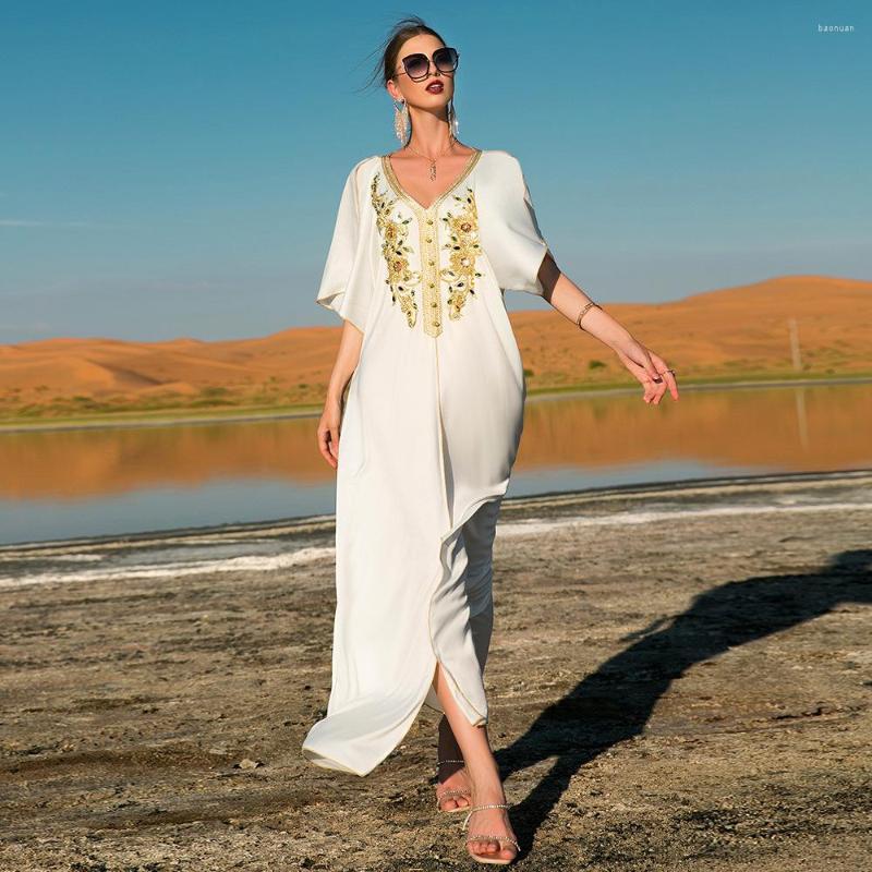 

Ethnic Clothing Sexy Arab Women Muslim Gold Binding V Neck Lotus Sleeve Slim Maxi Dress Diamonds Belted Kaftan 2023 Party Elegant