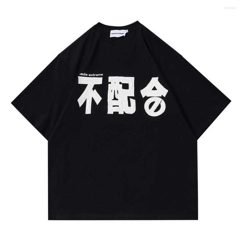 

Men's T Shirts Men Streetwear Hip Hop Oversized Shirt Harajuku Japanese Characters Applique 2023 Summer Loose Cotton Tops Tees Black