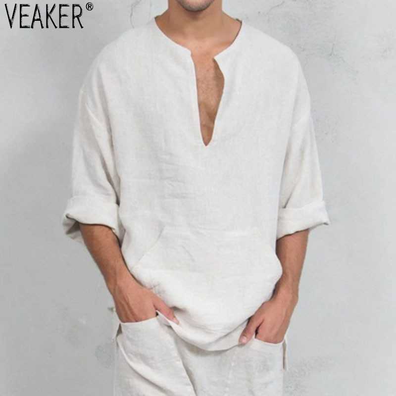 

Men's T-Shirts 2021 Spring New Men's Loose Linen T Shirts Male Solid Color Oversized Cotton Linen V-neck Tops Men Casual White t Shirt -3XL L230217, Pink