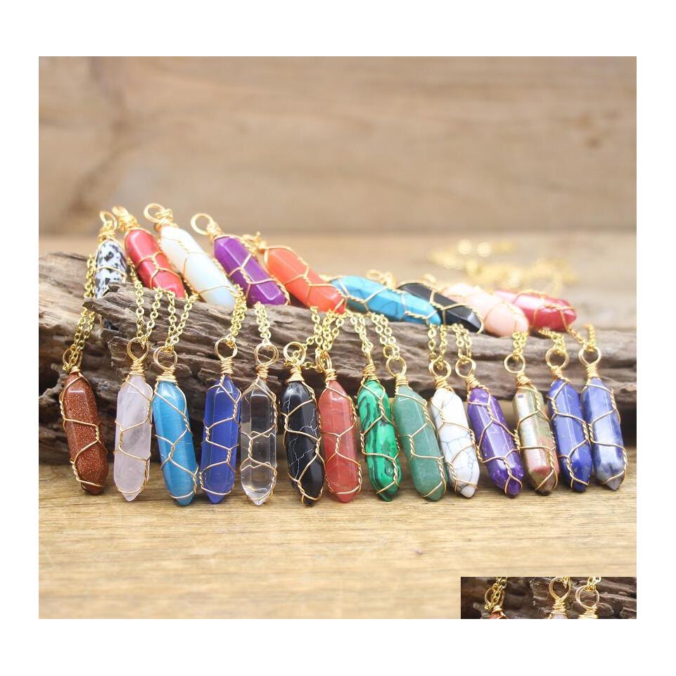 

Pendant Necklaces Mticolor Natural Crystal Necklace Wire Wrap Rose Quartz Point Hexagonal Pendum Gems Chakra Pendo Jewelr Sexyhanz D Dhfri