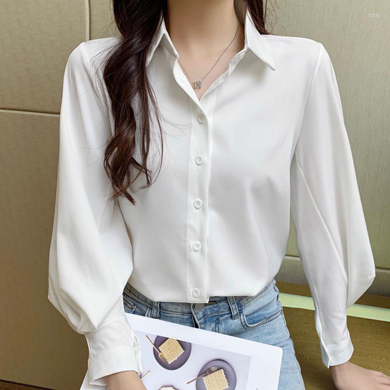 

Women' Blouses White Long-sleeved Shirts For Women 2023 Retro Lantern Sleeve Chiffon Shirt Blouse Elegant Fashion Button Up Solid V-Neck
