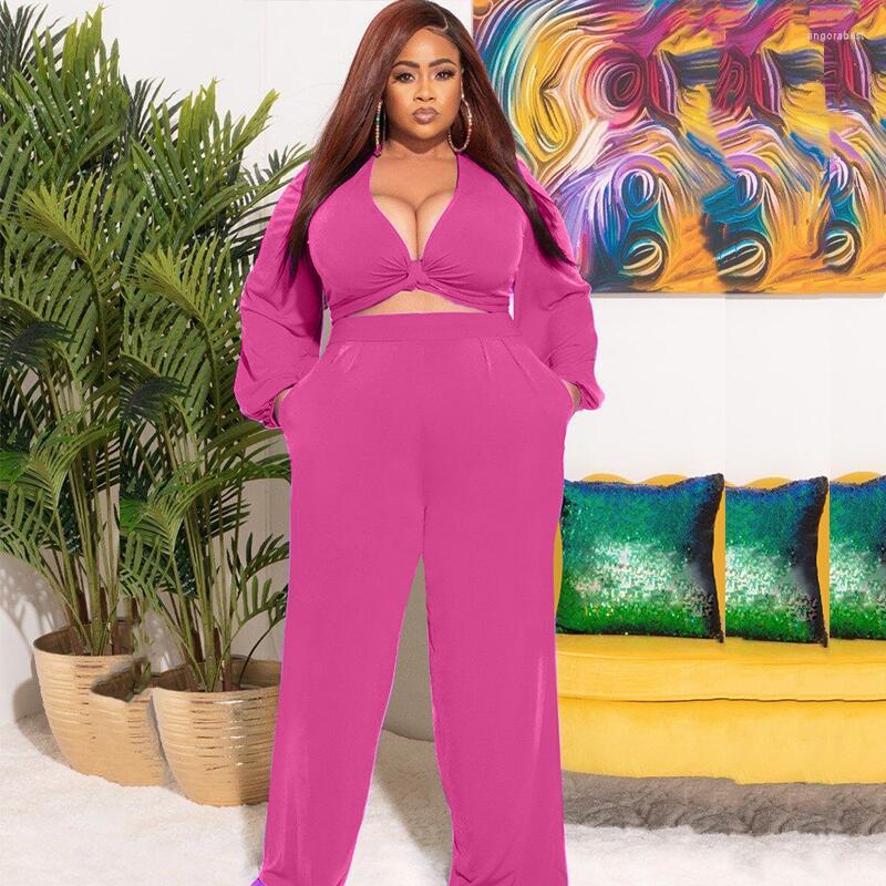 

Tracksuits Plus Size Women Clothing Two Piece Set V Neck Sexy Outfits Long Sleeve Crop Top And Pants Sets Clubwear Wholesale Drop, Black