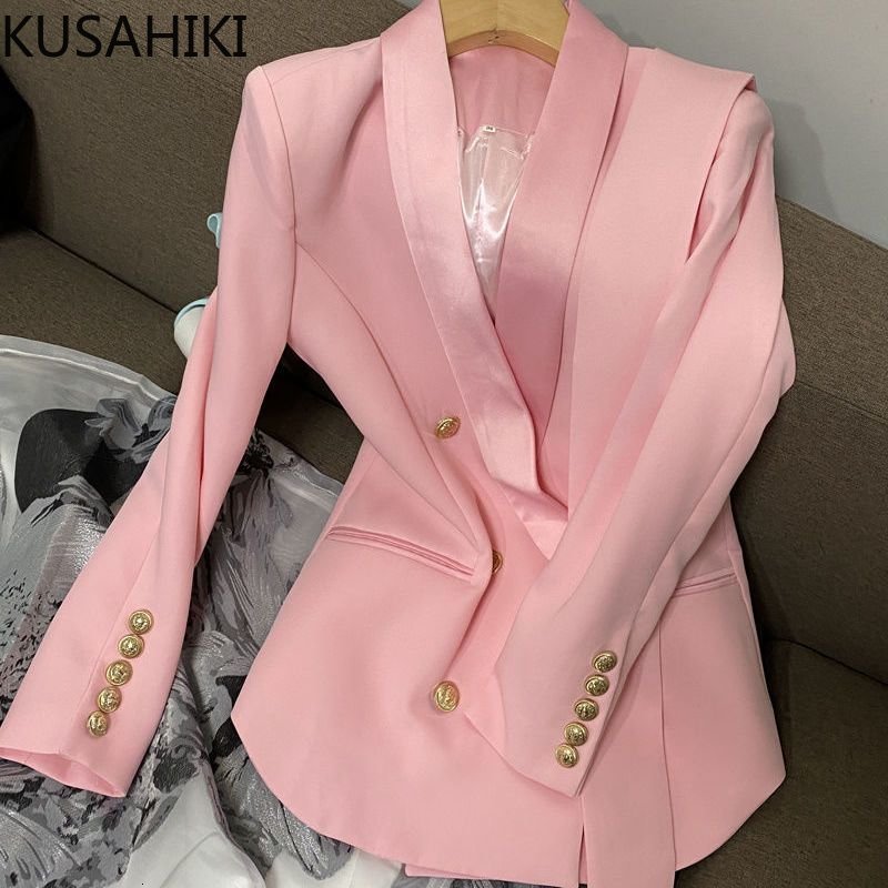 

Womens Suits Blazers KUSAHIKI Autumn Belt Slim Waist Women Korean Double Breasted Long Sleeve Lapel Suit Jacket Fashion Elegant Coat 230216, Pink