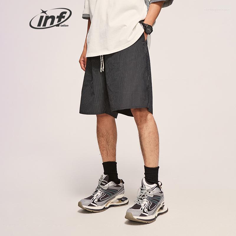 

Men' Shorts INFLATION Black Seersucker Check Men Dawstring Waist Beach Plus Size