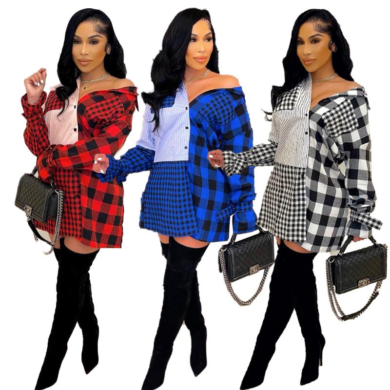 

Casual Dresses Casaul Women Plaid Shirt Dress Color Patchwork Mini Drawstring High Streetwear Clothes For Vestidos, Red