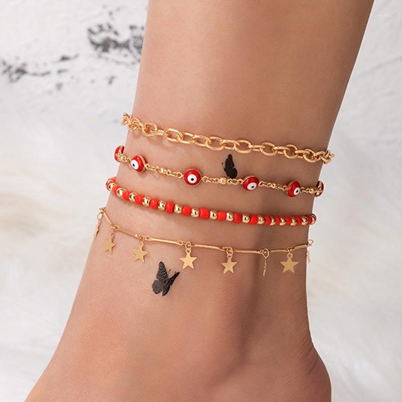 

Anklets Elegant Red Beads Star Tassel 4pcs/set Anklet For Women Ethnic Drop Oil Geometry Alloy Chain Jewelry Accessories 22981