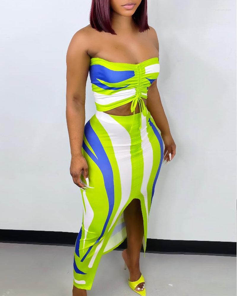 

Work Dresses Summer Women Allover Print Two Pieces Set 2023 Femme Casual Drawstring Ruched Crop Tube Top & Slit Maxi Skirt Lady Cloth, Green
