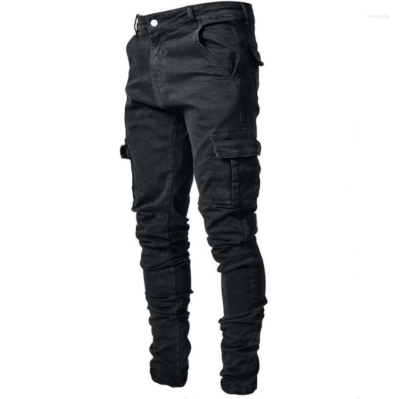 

Men' Jeans Fashion Street Style Casual Men Vintage Wash Solid Denim Trouser Side Pocket Cargo Jean Male Pencil Pants, Black