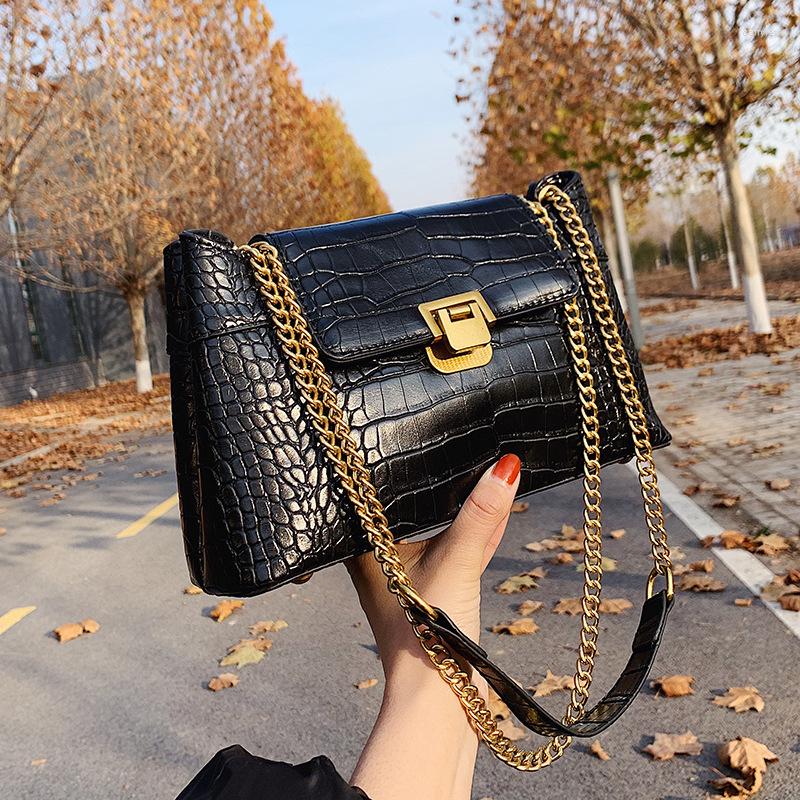 

Evening Bags Vintage Women Shoulder Alligator Patterned PU Leather Crossbody Handbag 2023 Female Chain Fashion Flap Purse Bag, Black