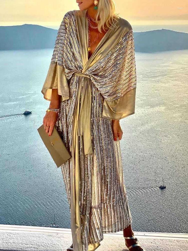 

Casual Dresses 2023 Women Beach Style Three Quarter Batwing Sleeve Holiday Dress V-Neck Sequin Lace-Up Summer Patchwork Ladies Maxi Party, 01 yellow