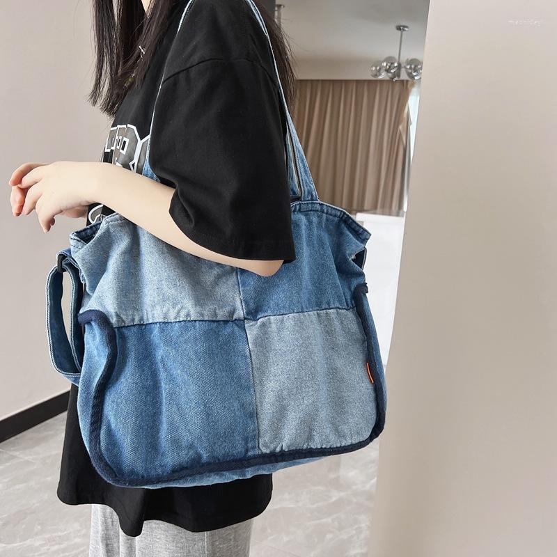

Evening Bags Washed Denim Canvas Women's Color Contrast Large Capacity Tote Bag Fashion College Students Shoulder Messenger, Blue