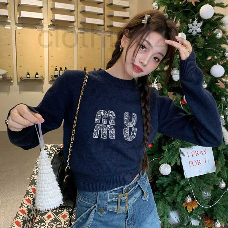 

Women' Knits & Tees Designer The correct version of the blue sweater for women in spring light luxury letters nails diamonds waist thin round CTDU, Navy blue