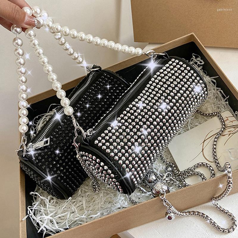 

Evening Bags Diamond Crossbody Bag For Women Pearl Top Handle Luxury Designer Handbag Chain Shoulder 2023 Small Barrel-shaped Purse X754H, Black