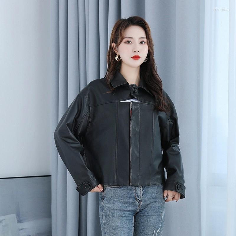 

Women's Leather 2023 Fashion Women Spring Short Single Breasted Sheepskin Genuine Jacket Loose Fit Office Work Casual Female Moto Biker, White