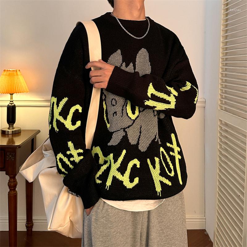 

Men's Sweaters Spring Men's Versatile Simple Round Neck Pullover Knitwear Fashion Handsome Cartoon Print Color Blocking Ins Relaxed, Black