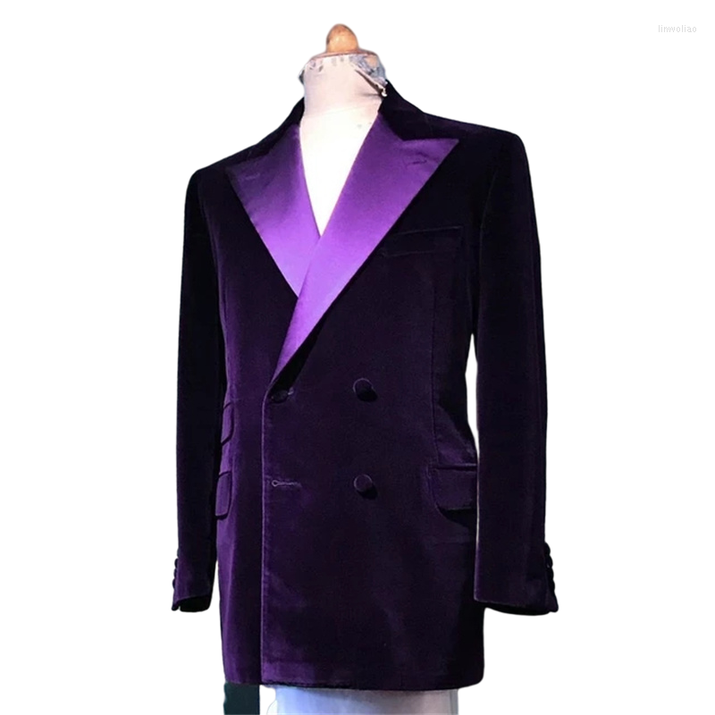 

Men's Suits Winter Purple Velvet Double Breasted Satin Lapel Men Wedding Tuxedo Terno Masculino Prom Groom Custom Blazer 1Pcs Coat, Black