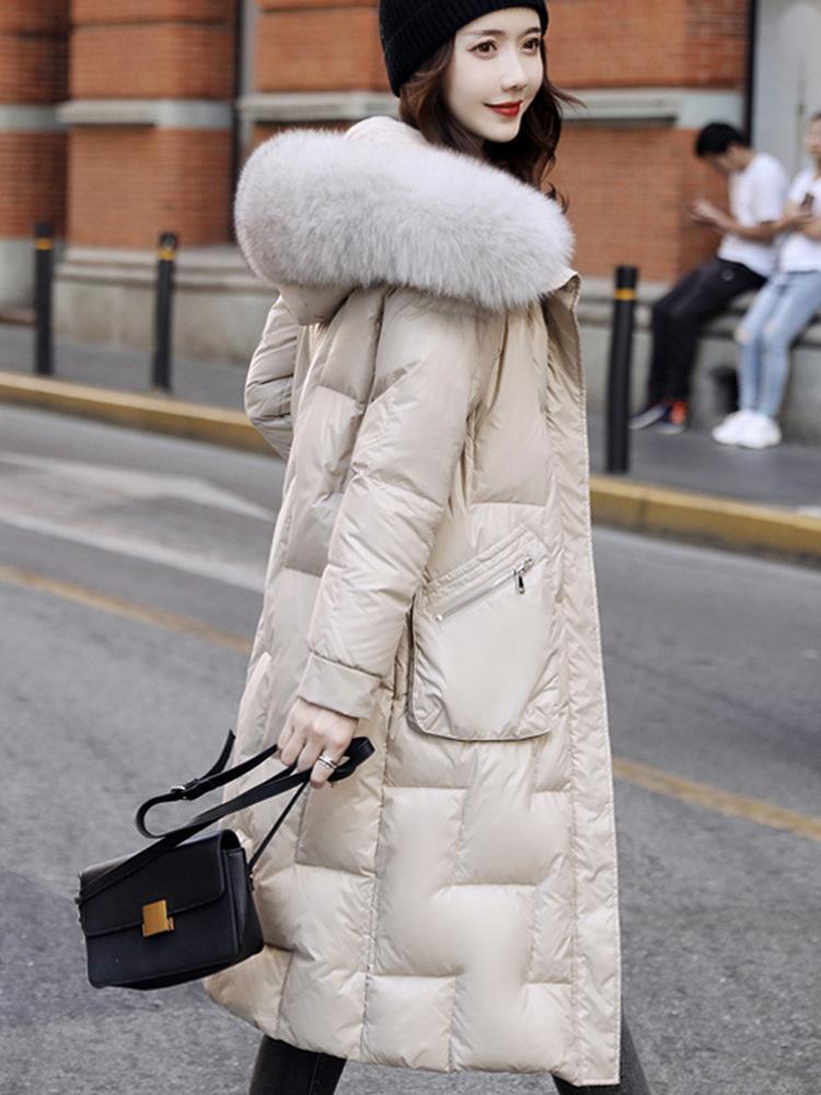 

Women's Down & Parkas Jacket Middle And Long Style Korean White Duck Winter Cotton Thickened Large Wool Collar Hooded, Apricot