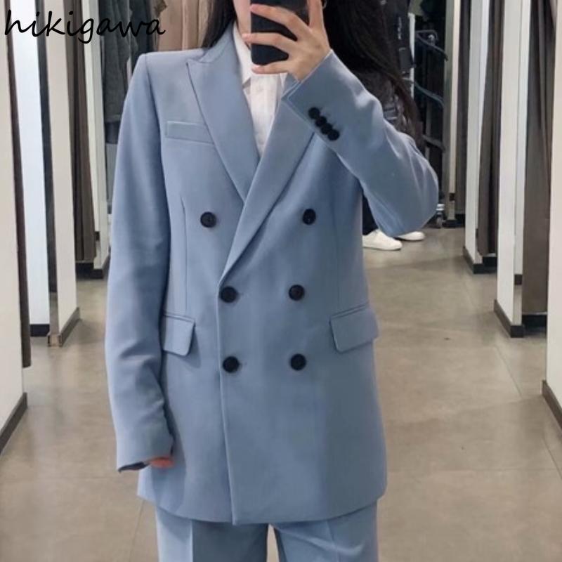 

Women's Suits & Blazers Hikigawa Fashion Vintage Notched Collar Long Sleeve Double Breasted Coat Solid High Street Casual Loose Jacket, Blue